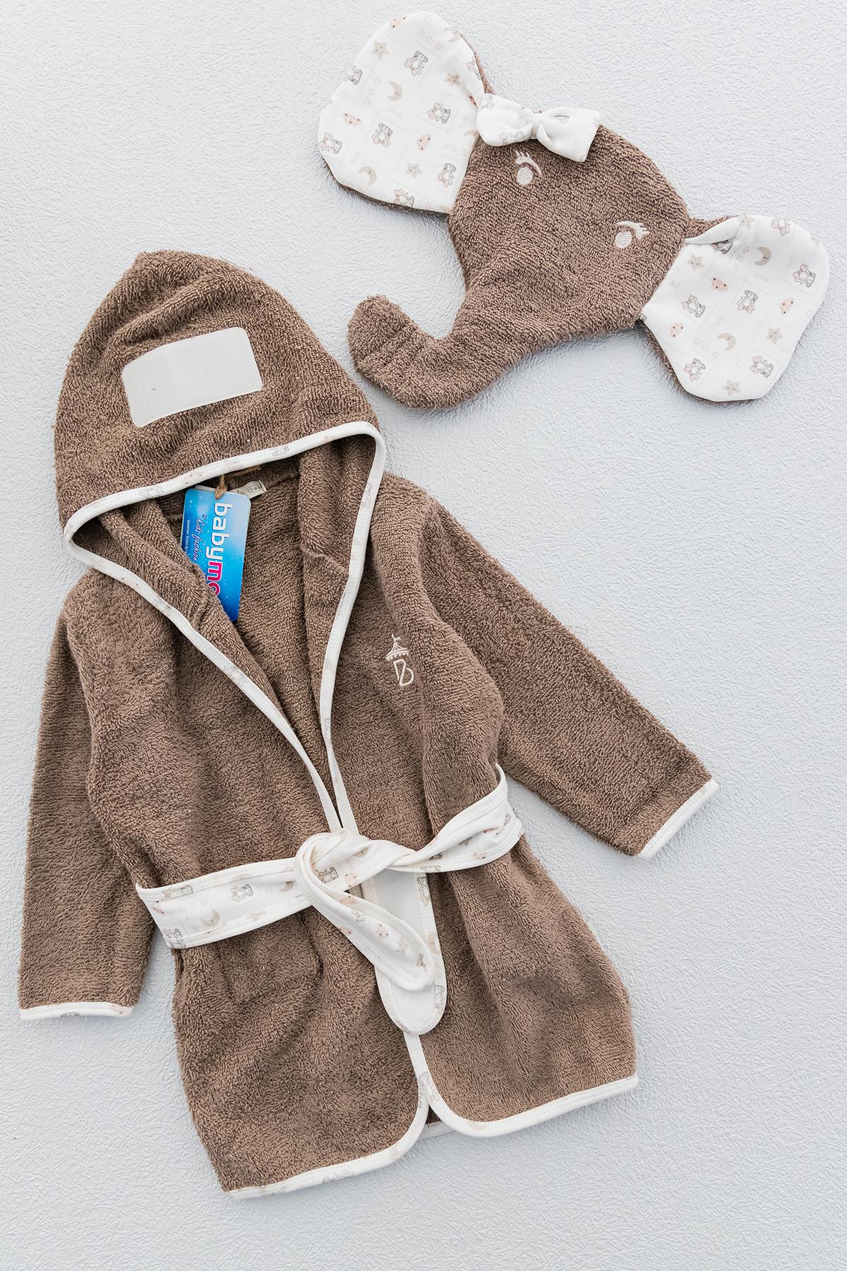 Fil Figürlü Organik Kapüşonlu Bebek Bornoz