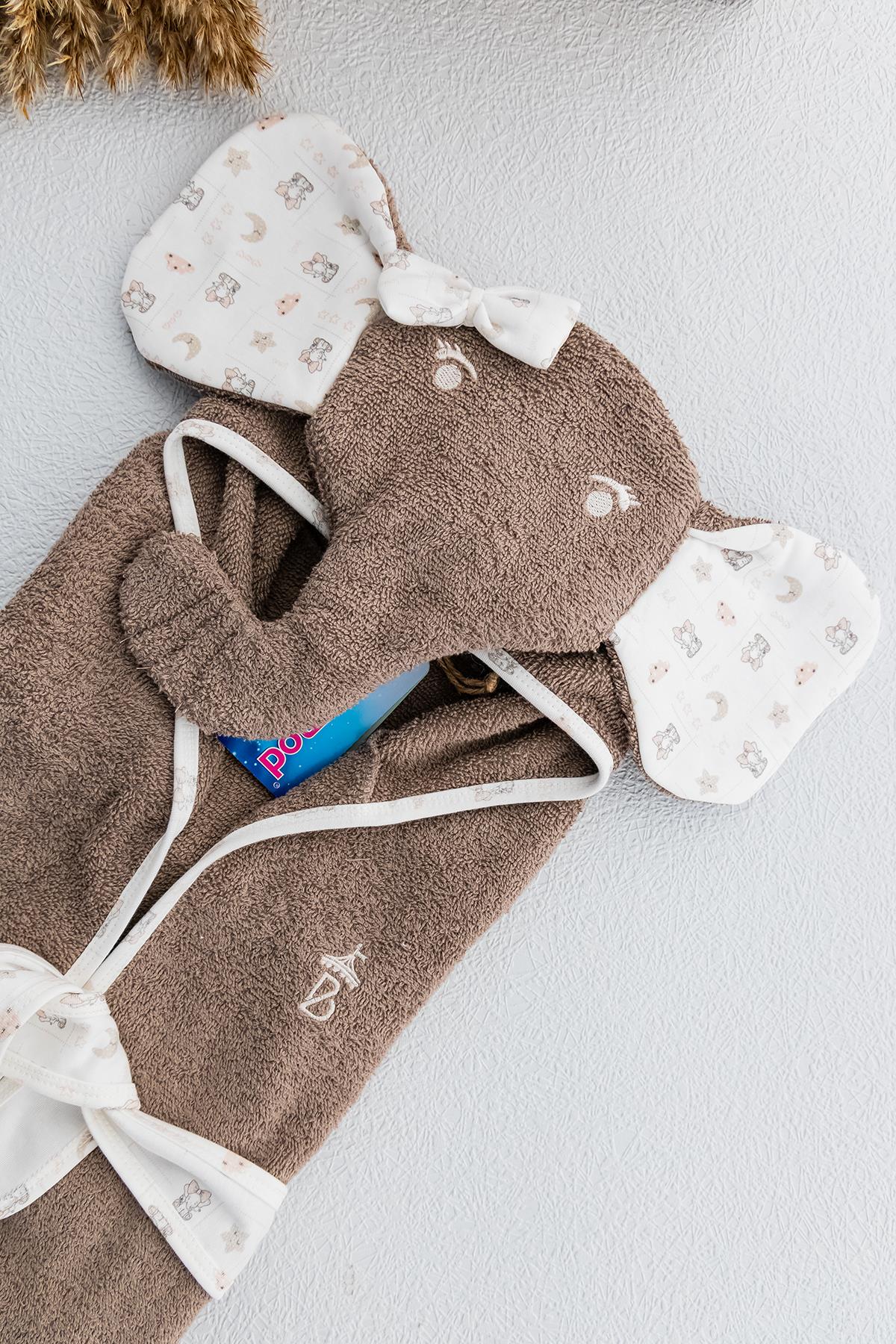 Fil Figürlü Organik Kapüşonlu Bebek Bornoz