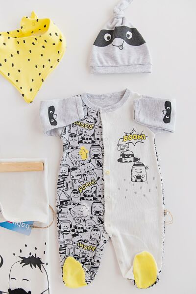 Boom Baskılı Hastane Çıkışı Erkek Bebek Zıbın Seti BEJ -  0-3 AY