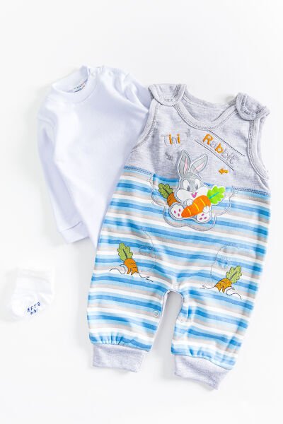 Tavşan Figürlü Erkek Bebek Tulum Salopet Takım GRİ - 3-6 AY