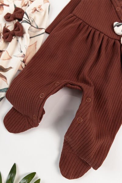 Çiçek Desenli Bandanalı 2'li Uzun Kollu Kız Bebek Tulum Takım KAHVERENGİ - 3-6 AY