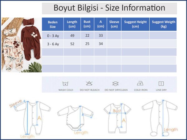 Çiçek Desenli Bandanalı 2'li Uzun Kollu Kız Bebek Tulum Takım KAHVERENGİ - 3-6 AY