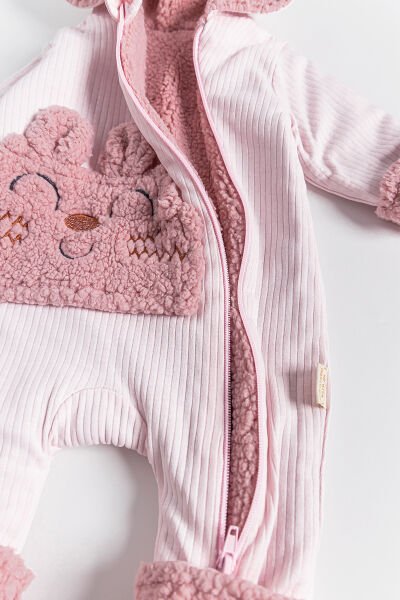 Figürlü Peluş Astarlı Kapüşonlu Bebek Tulum PEMBE -  0-3 AY