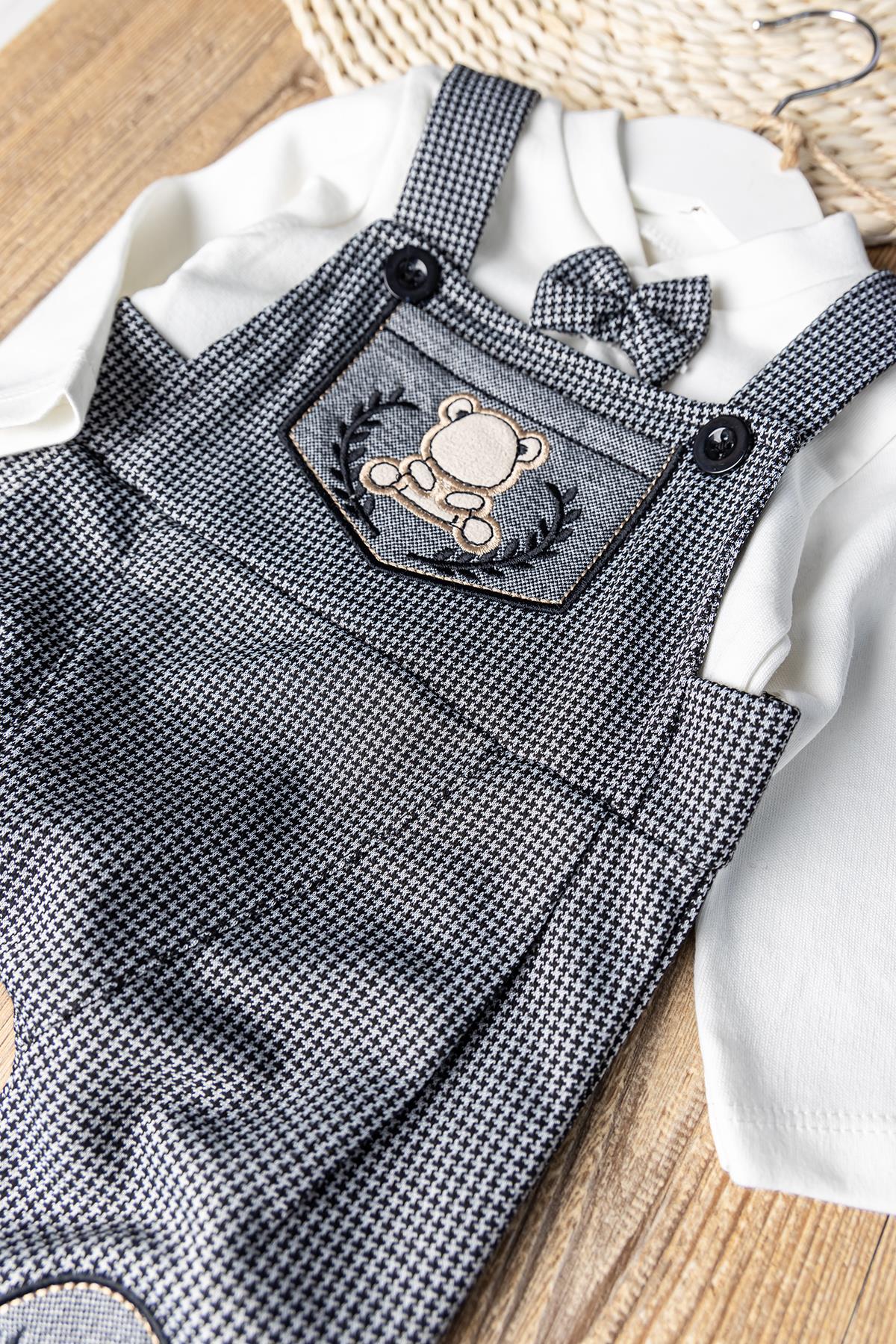 Vintage Desenli Şapkalı Erkek Bebek Tulum Salopet Takım