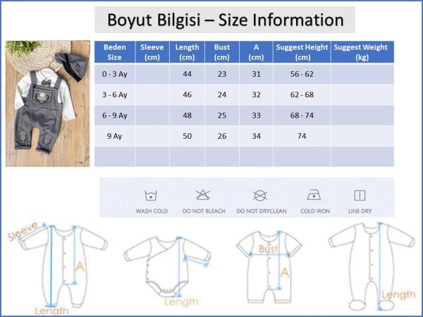 Vintage Desenli Şapkalı Erkek Bebek Tulum Salopet Takım