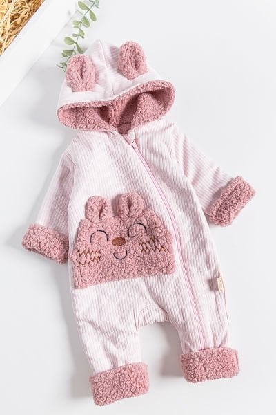 Figürlü Peluş Astarlı Kapüşonlu Bebek Tulum PEMBE - 3-6 AY