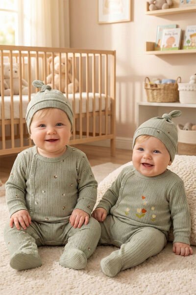 Çiçek Desenli Şapkalı 2'li Pamuklu Kız Bebek Tulum Set YEŞİL -  0-3 AY