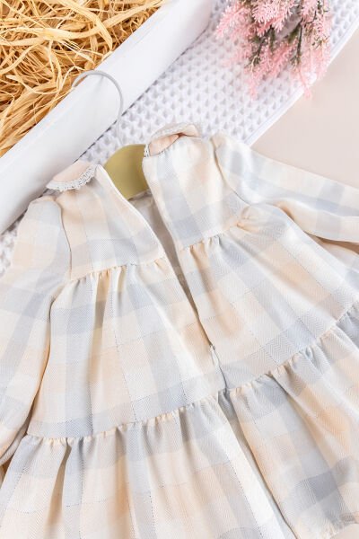 Ekose Uzun Kollu Bebe Yakalı Kız Bebek Elbise