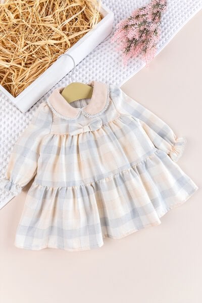Ekose Uzun Kollu Bebe Yakalı Kız Bebek Elbise