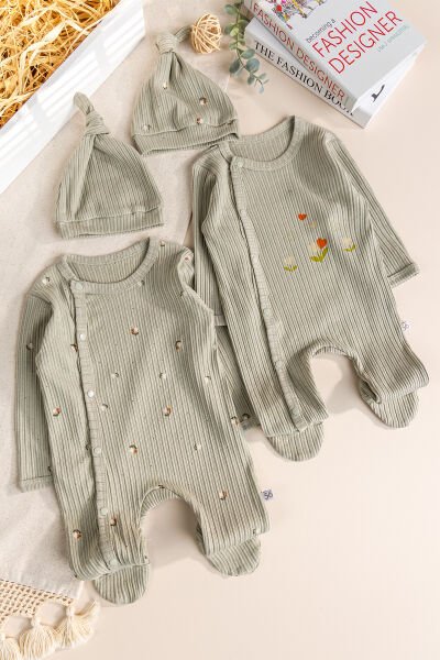 Çiçek Desenli Şapkalı 2'li Pamuklu Kız Bebek Tulum Set YEŞİL - 3-6 AY