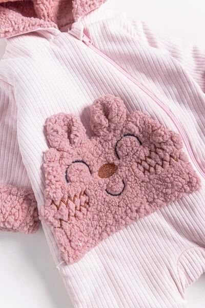 Figürlü Peluş Astarlı Kapüşonlu Bebek Tulum PEMBE -  9-12 AY