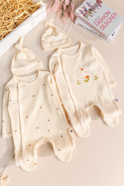 Çiçek Desenli Şapkalı 2'li Pamuklu Kız Bebek Tulum Set Ekru -  0-3 AY