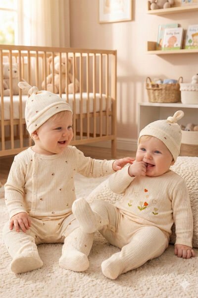 Çiçek Desenli Şapkalı 2'li Pamuklu Kız Bebek Tulum Set Ekru - 3-6 AY