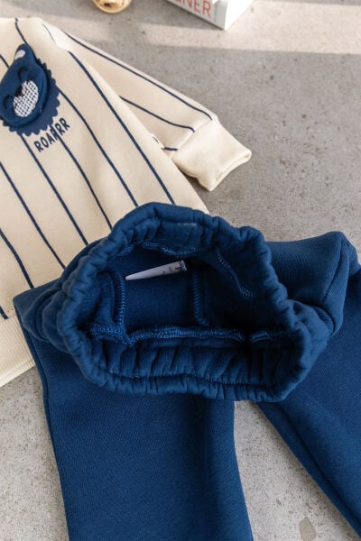 Erkek Bebek Ayıcık Figürlü Çizgili Krem Sweatshirt ve Lavivert Alt Eşofman Takımı