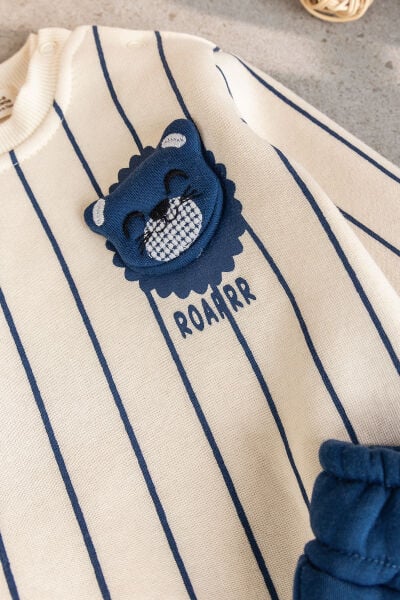 Erkek Bebek Ayıcık Figürlü Çizgili Krem Sweatshirt ve Lavivert Alt Eşofman Takımı