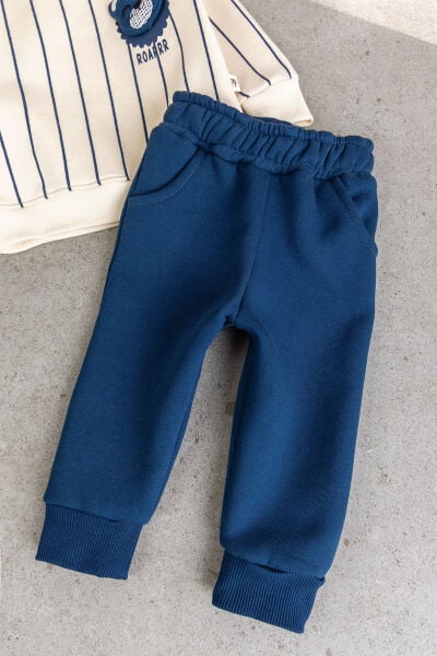 Erkek Bebek Ayıcık Figürlü Çizgili Krem Sweatshirt ve Lavivert Alt Eşofman Takımı