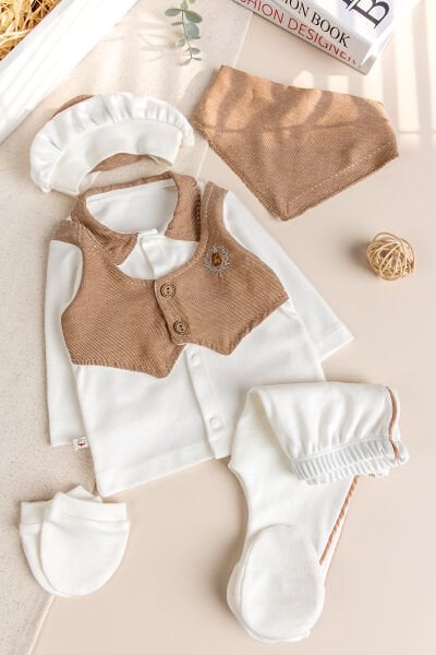 Yelekli 5 Parça Erkek Bebek Pamuk Hastane Çıkışı Bebek Takımı