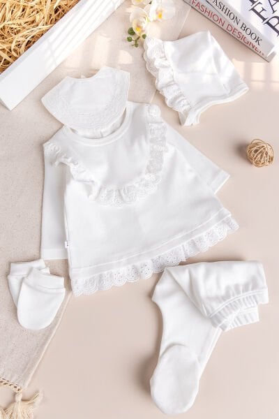 Fistolu 5'li 100% Pamuk Kız Bebek Hastane Çıkışı Bebek Takımı Ekru