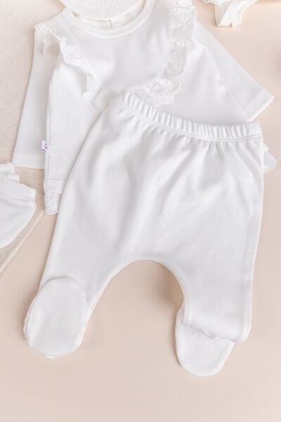 Fistolu 5'li 100% Pamuk Kız Bebek Hastane Çıkışı Bebek Takımı Ekru