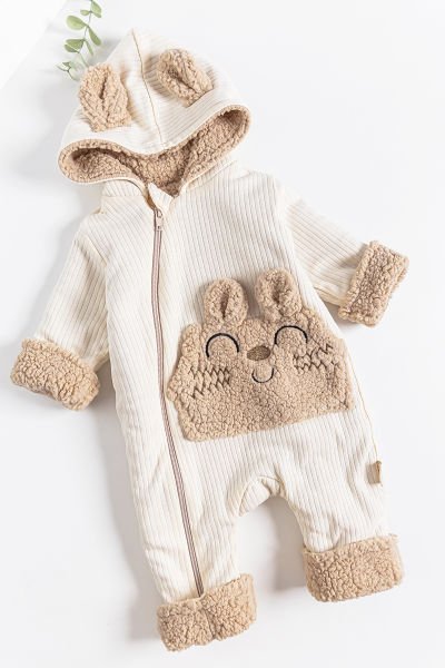 Figürlü Peluş Astarlı Kapüşonlu Bebek Tulum KREM - 3-6 AY