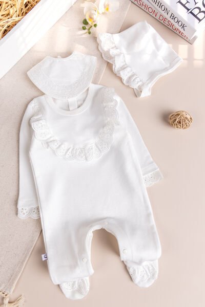 Fistolu Şapkalı 100% Pamuk Kız Bebek Tulum Krem