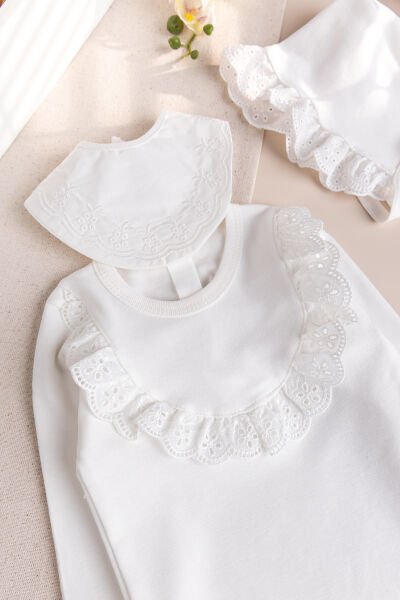 Fistolu Şapkalı 100% Pamuk Kız Bebek Tulum Krem