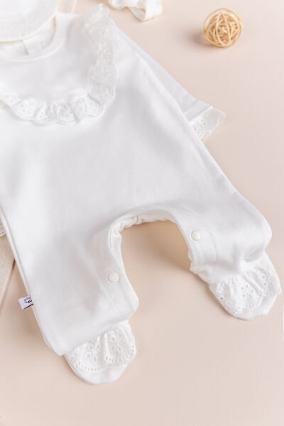 Fistolu Şapkalı 100% Pamuk Kız Bebek Tulum Krem