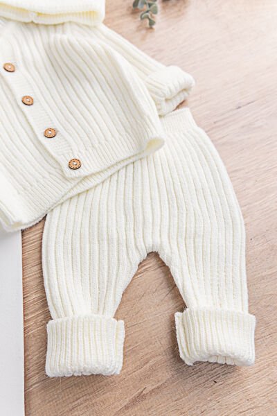 Triko Hırkalı Bereli Unisex Kışlık Şapkalı Bebek Takım KREM -  12-18 AY