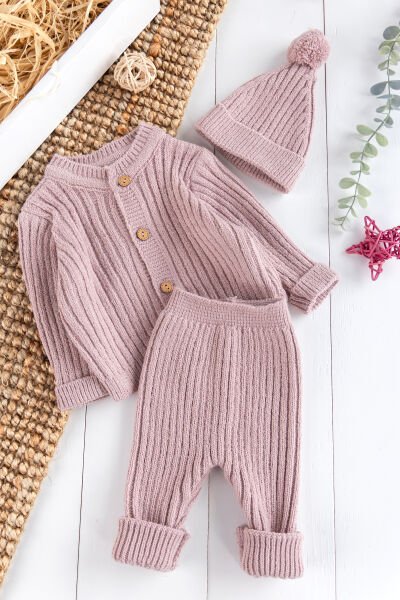 Triko Hırkalı Bereli Unisex Kışlık Şapkalı Bebek Takım Gül kurusu -  12-18 AY