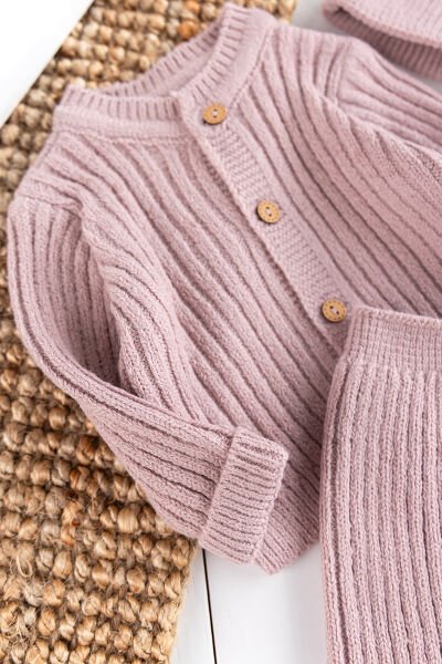 Triko Hırkalı Bereli Unisex Kışlık Şapkalı Bebek Takım Gül kurusu -  12-18 AY