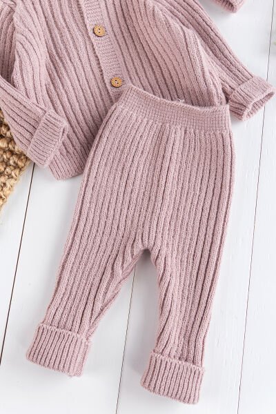 Triko Hırkalı Bereli Unisex Kışlık Şapkalı Bebek Takım Gül kurusu -  12-18 AY