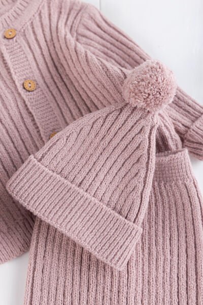 Triko Hırkalı Bereli Unisex Kışlık Şapkalı Bebek Takım Gül kurusu -  12-18 AY