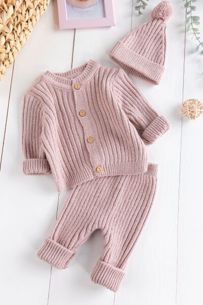 Triko Hırkalı Bereli Unisex Kışlık Şapkalı Bebek Takım Gül kurusu -  12-18 AY