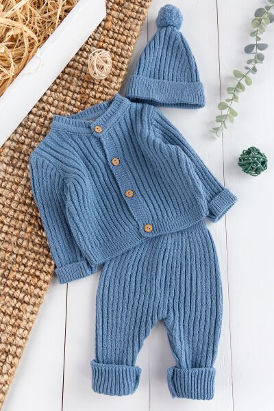 Triko Hırkalı Bereli Unisex Kışlık Şapkalı Bebek Takım İndigo -  12-18 AY
