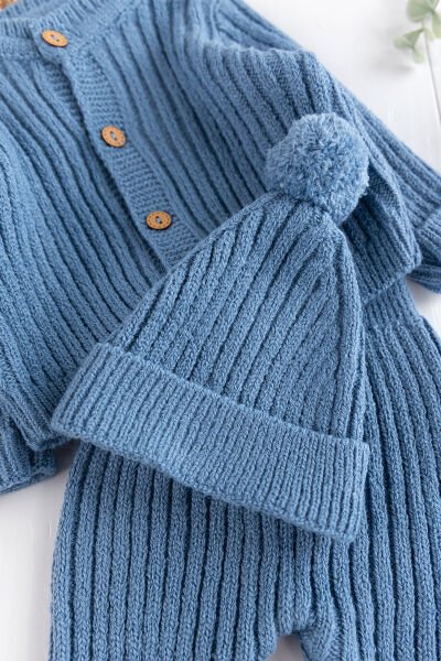 Triko Hırkalı Bereli Unisex Kışlık Şapkalı Bebek Takım İndigo -  12-18 AY