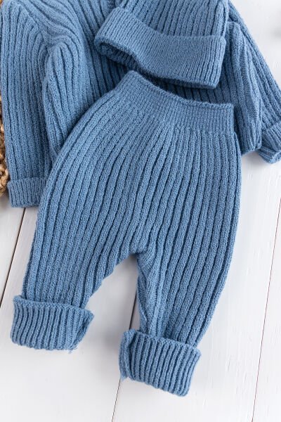 Triko Hırkalı Bereli Unisex Kışlık Şapkalı Bebek Takım İndigo -  12-18 AY