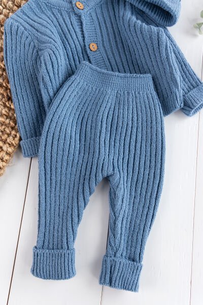 Triko Hırkalı Bereli Unisex Kışlık Şapkalı Bebek Takım İndigo -  12-18 AY
