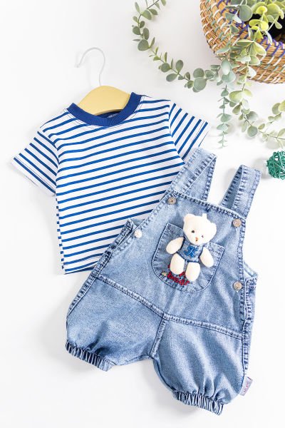 Oyuncak Ayıcıklı Denim Kumaşlı Erkek Bebek Tulum Salopet Takım