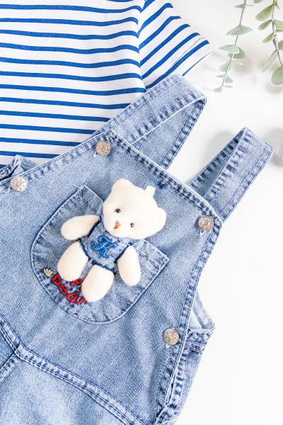 Oyuncak Ayıcıklı Denim Kumaşlı Erkek Bebek Tulum Salopet Takım