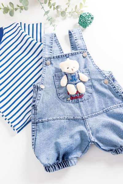 Oyuncak Ayıcıklı Denim Kumaşlı Erkek Bebek Tulum Salopet Takım