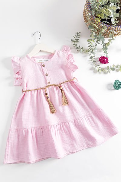 Hasır Kuşaklı Yazlık Kız Çocuk Elbise PEMBE - 5 Yaş