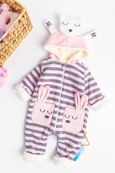 Figürlü İçi Peluş Kadife Kız Bebek Tulum