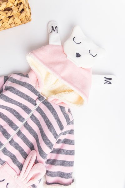 Figürlü İçi Peluş Kadife Kız Bebek Tulum