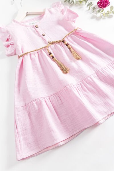 Hasır Kuşaklı Yazlık Kız Çocuk Elbise PEMBE - 6 Yaş