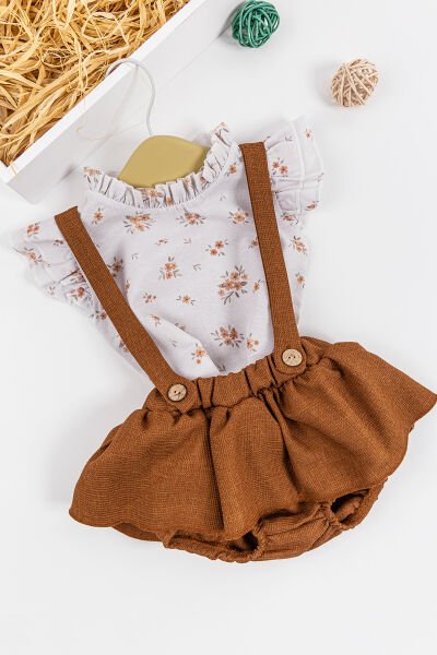 Çiçekli Desenli Gömlekli Kız Bebek Salopet Elbise Takım KAHVERENGİ -  9-12 AY