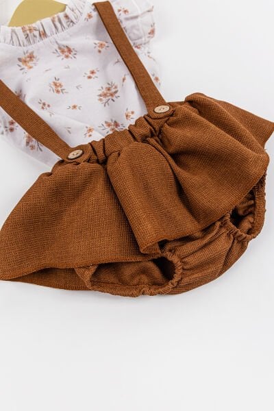 Çiçekli Desenli Gömlekli Kız Bebek Salopet Elbise Takım KAHVERENGİ -  9-12 AY