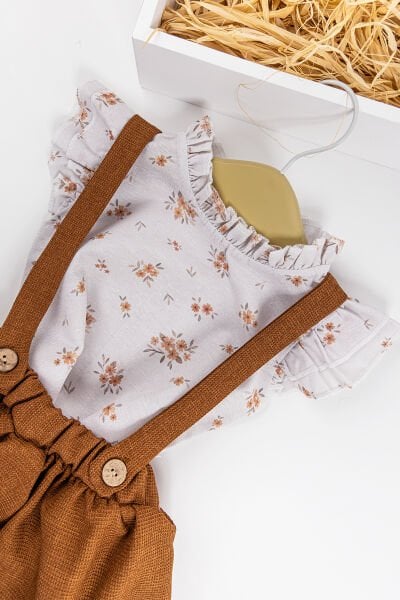 Çiçekli Desenli Gömlekli Kız Bebek Salopet Elbise Takım KAHVERENGİ -  9-12 AY