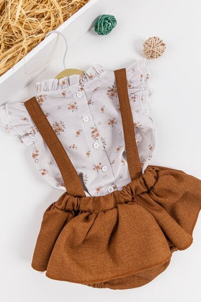 Çiçekli Desenli Gömlekli Kız Bebek Salopet Elbise Takım KAHVERENGİ -  9-12 AY