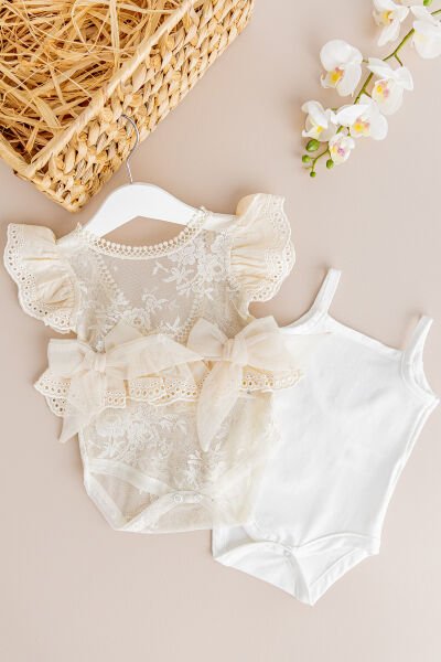 Kız Bebek Tulum Güpürlü Fiyonklu Bebek Tulum