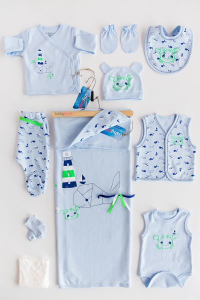 Mavi Okyanus Temalı Erkek Bebek Hastane Çıkışı Bebek Zıbın Seti